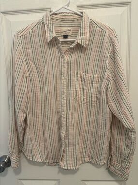 Universal Thread Cream Button-Up Shirt with Pink and Green Stripes
